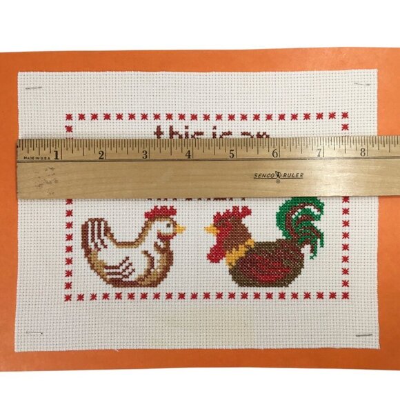 Finished Ready to Frame Cross Stitch Rooster Hen Equal Opportunity Kitchen - Picture 5 of 5